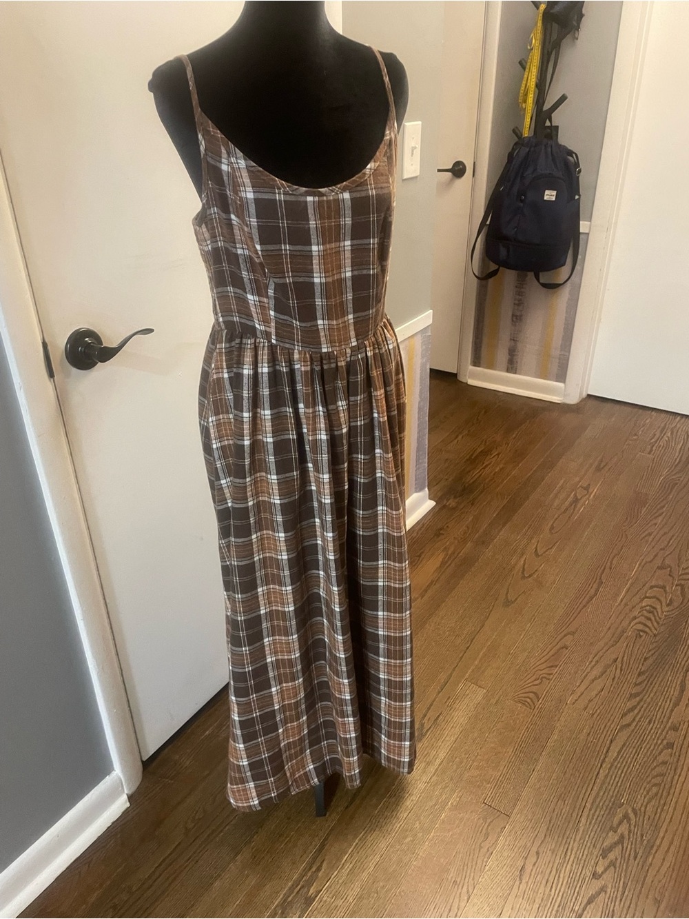 Brown Plaid Maxi Dress with Spaghetti Straps